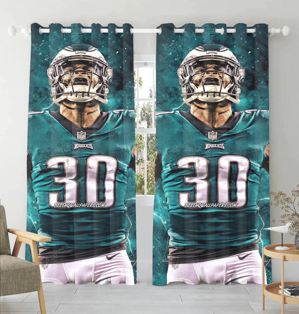 Philadelphia Eagles Corey Clement Running Back Blackout Window Curtain 2 Panels For Living Room Bed Room Gift For Fan