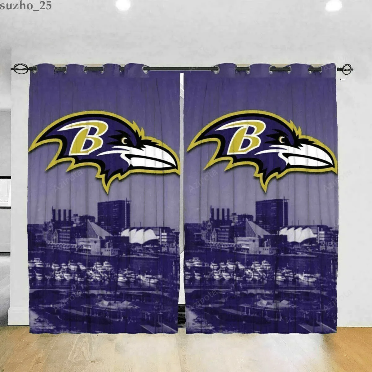 Baltimore Ravens Logo City Background Blackout Window Curtain 2 Panels For Living Room Bed Room Gift For Fan