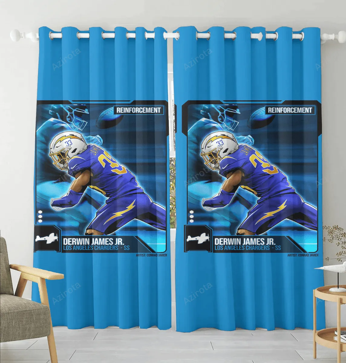 Los Angeles Chargers 33 Derwin James JR Blackout Window Curtain 2 Panels For Living Room Bed Room Gift For Fan