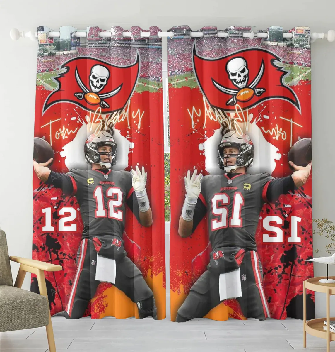 Tampa Bay Buccaneers 12 Tom Brady v47 Blackout Window Curtain 2 Panels For Living Room Bed Room Gift For Fan