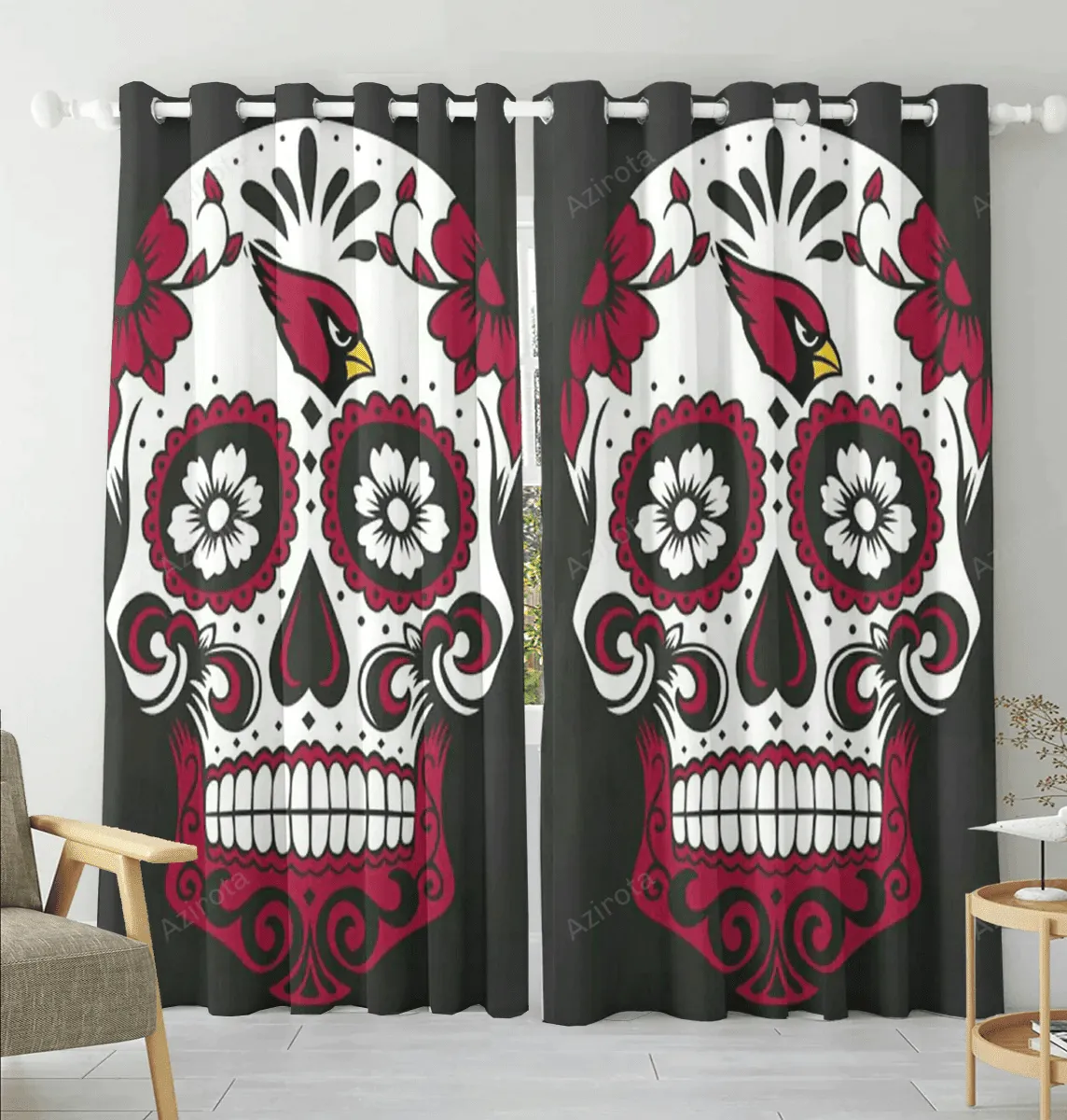 Arizona Cardinals Sugar Skull Blackout Window Curtain 2 Panels For Living Room Bed Room Gift For Fan