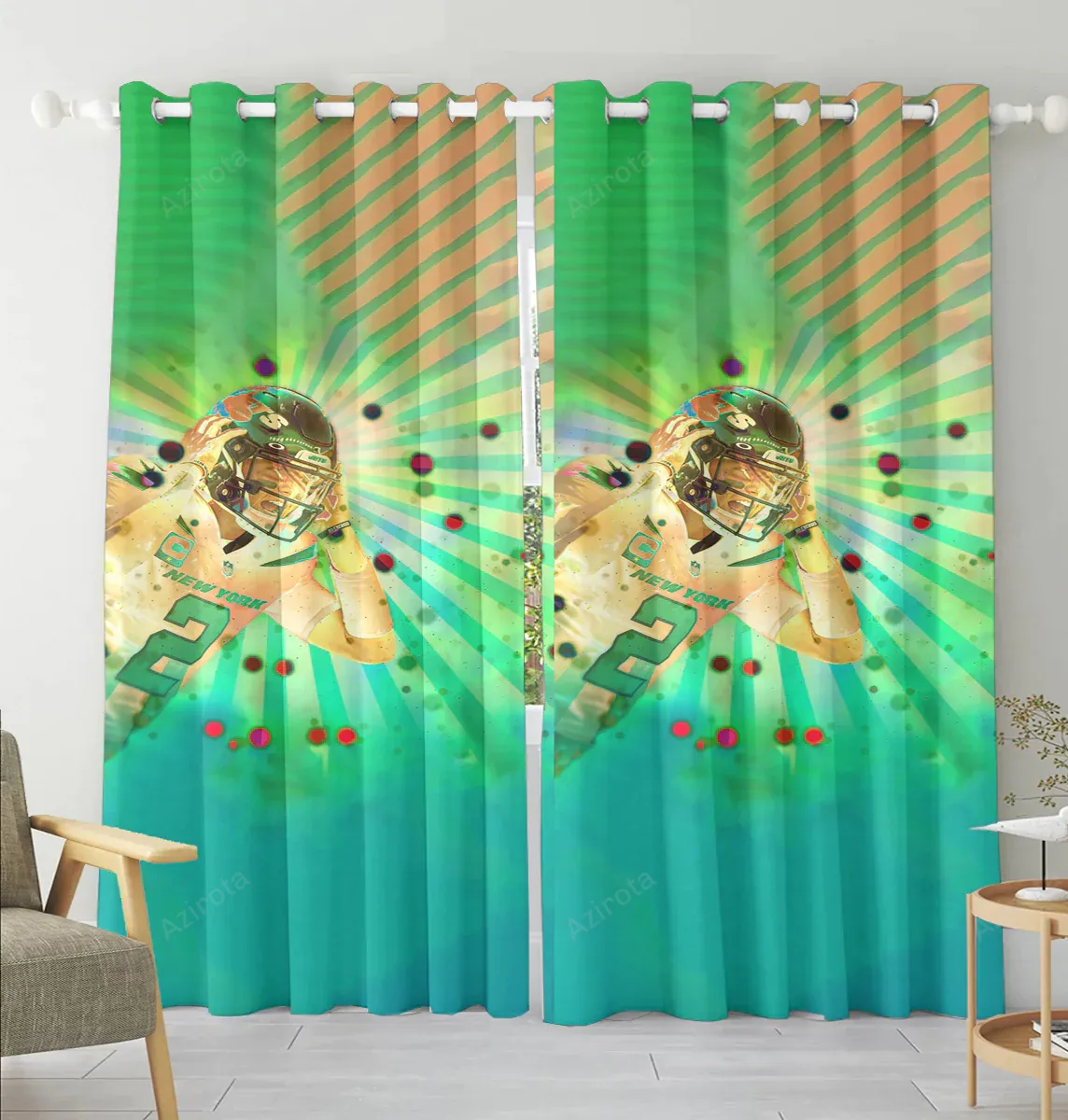 New York Jets 02 Zach Wilson v52 Blackout Window Curtain 2 Panels For Living Room Bed Room Gift For Fan