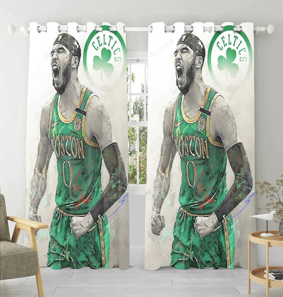 Boston Celtics Jayson Tatum Colorwater Window Curtain