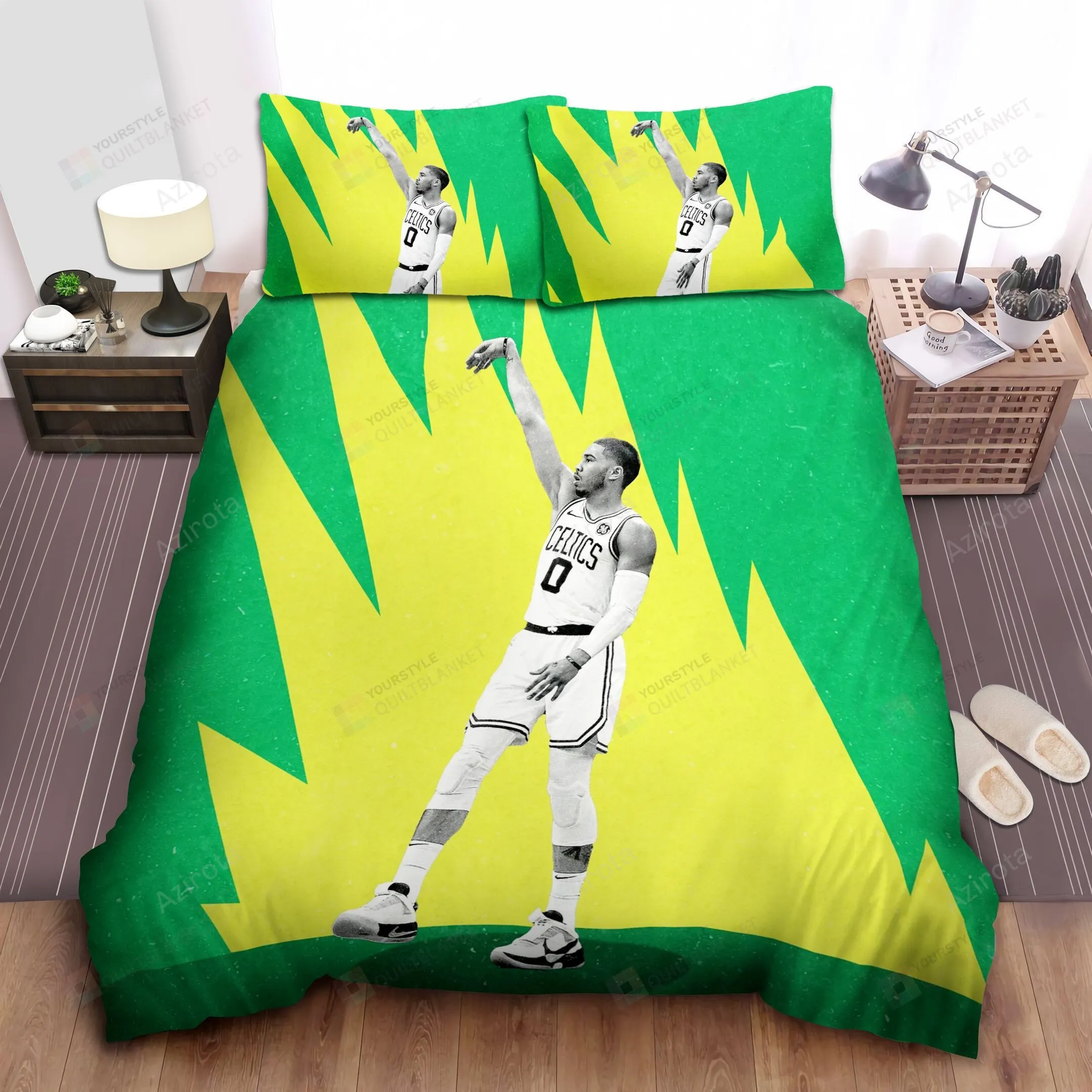 Boston Celtics Jayson Tatum Shooting Form On Green Theme Bed Sheet Duvet Cover Bedding Sets