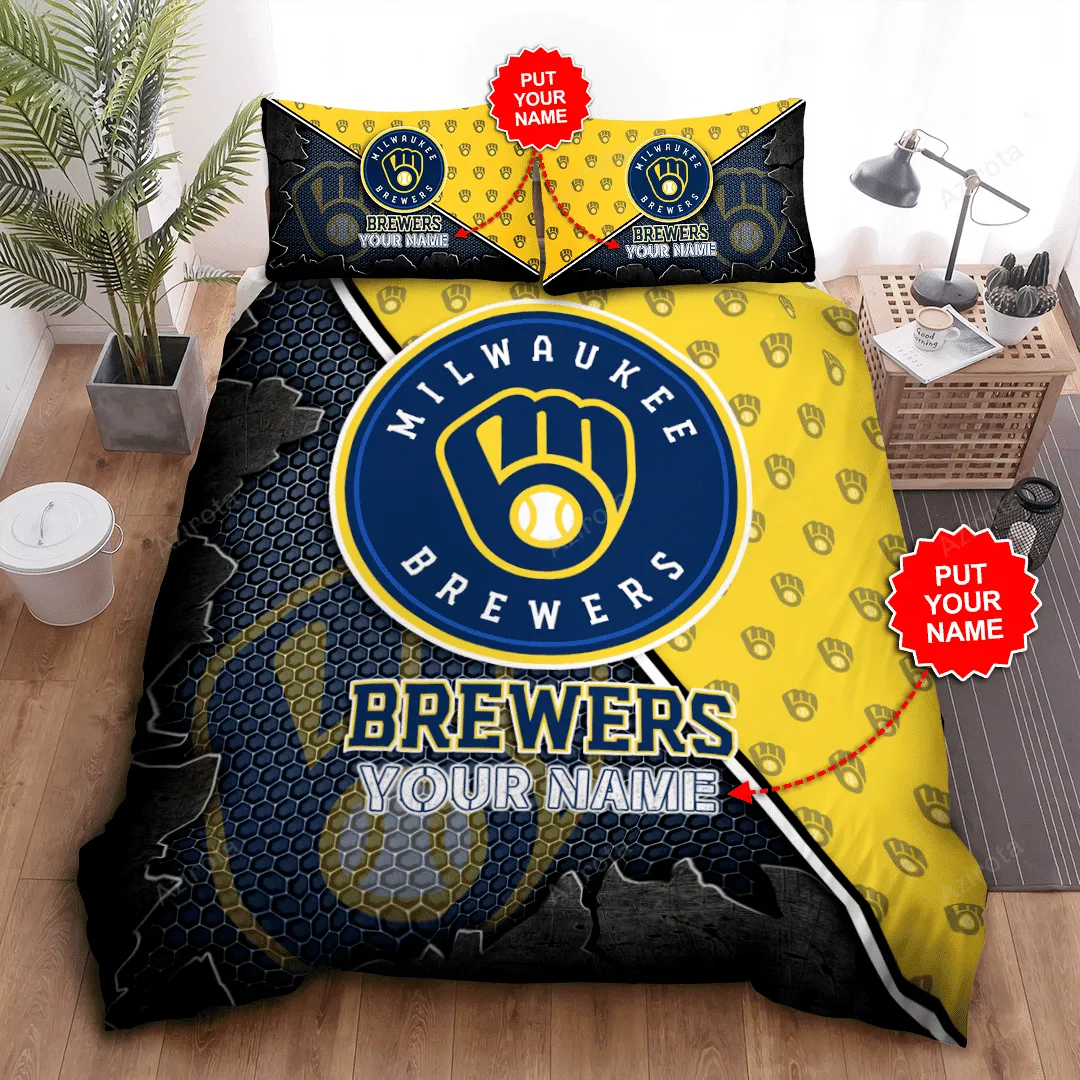 Personalized Milwaukee Brewers All Over Print 3D Bedding Set Navy Yellow