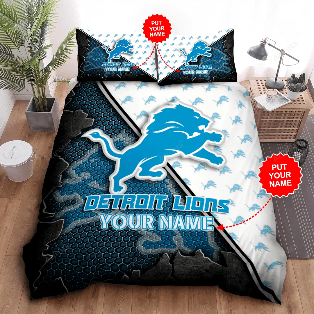 Personalized Detroit Lions Beehive Hexagon Pattern All Over Print 3D Bedding Set White Blue
