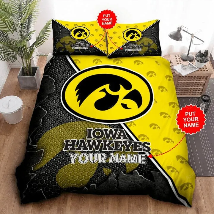 Iowa Hawkeyes Custom Name Black Gold Bedding Set V4