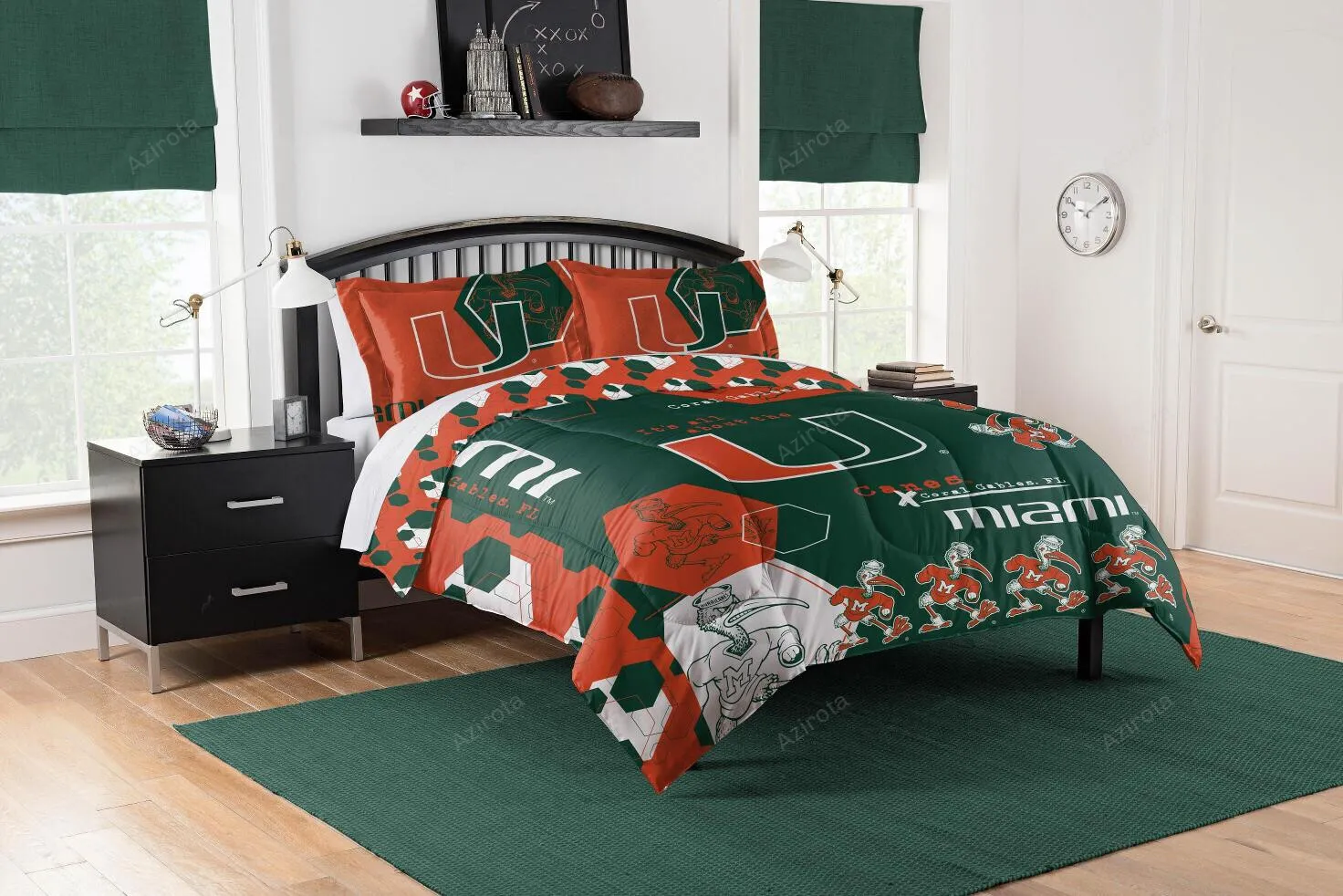 Miami Hurricanes Orange Green Bedding Set V3