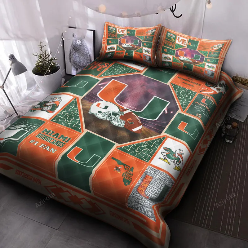 Miami Hurricanes Orange Green Bedding Set V5