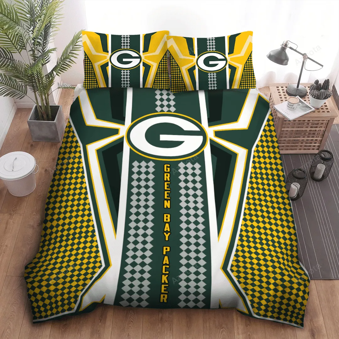 Green Bay Packers Checkered Pattern All Over Print 3D Bedding Set Green Yellow