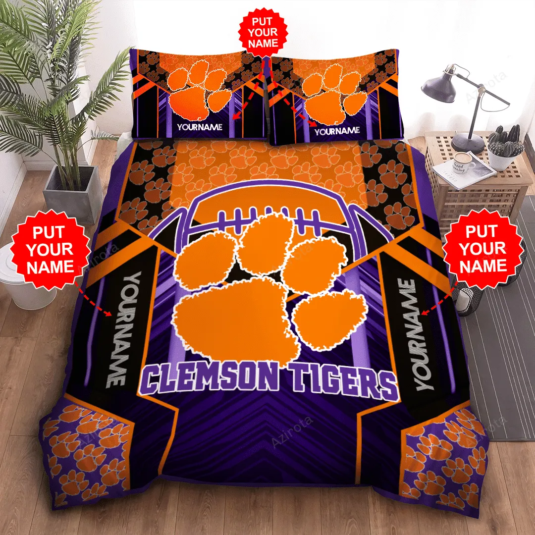 Personalized Clemson Tigers Big Logo Football All Over Print 3D Bedding Set Orange Black