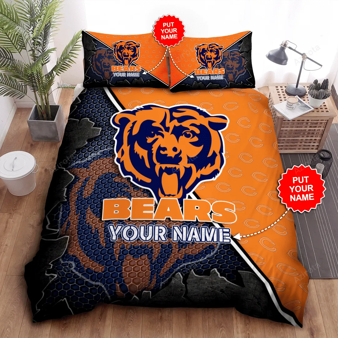 Personalized Chicago Bears Big Logo All Over Print 3D Tile Bedding Set Orange Navy