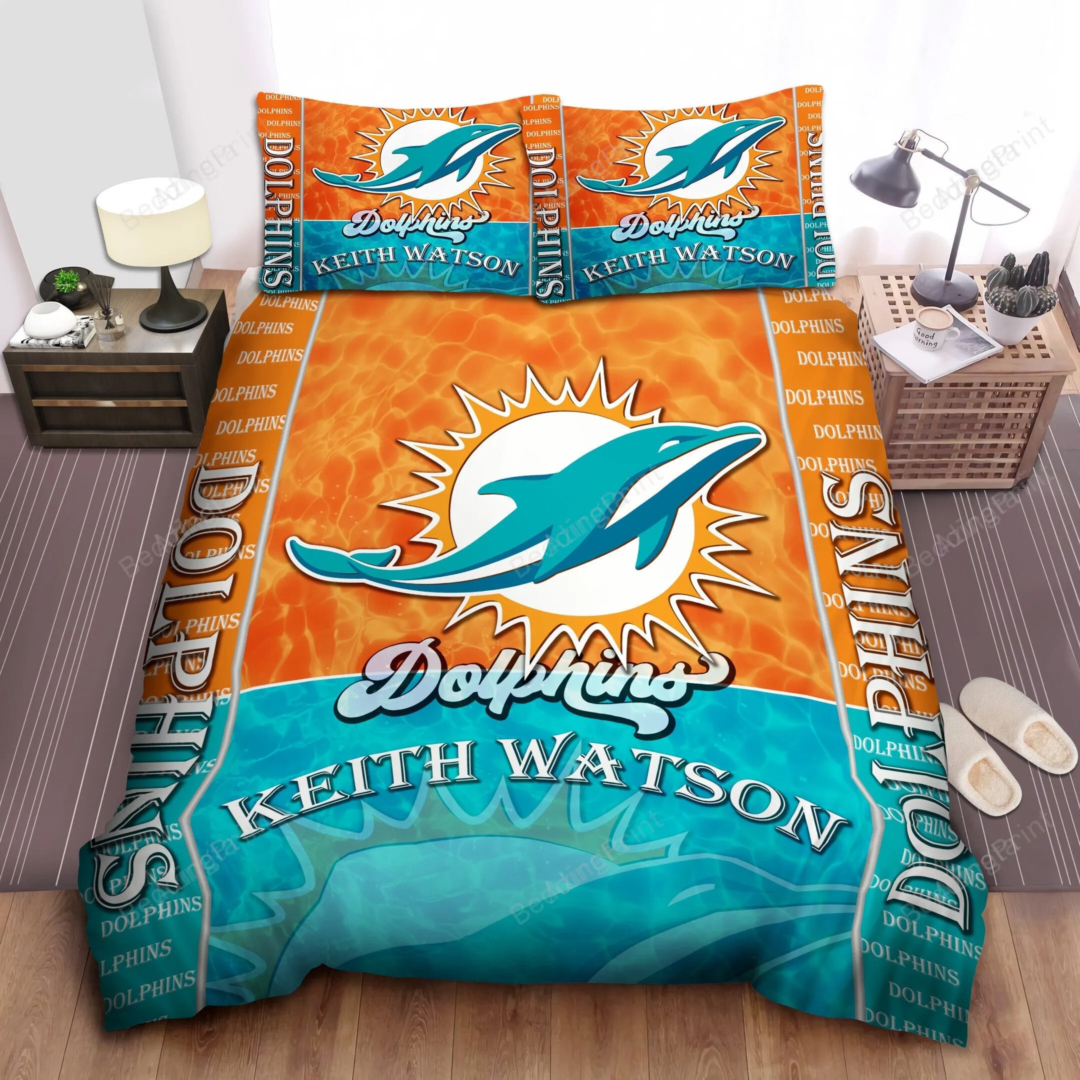 Personalized Custom Name Miami Dolphins 3PCS Bedding Set Duvet Cover And Pillow Cases Gift For Fan