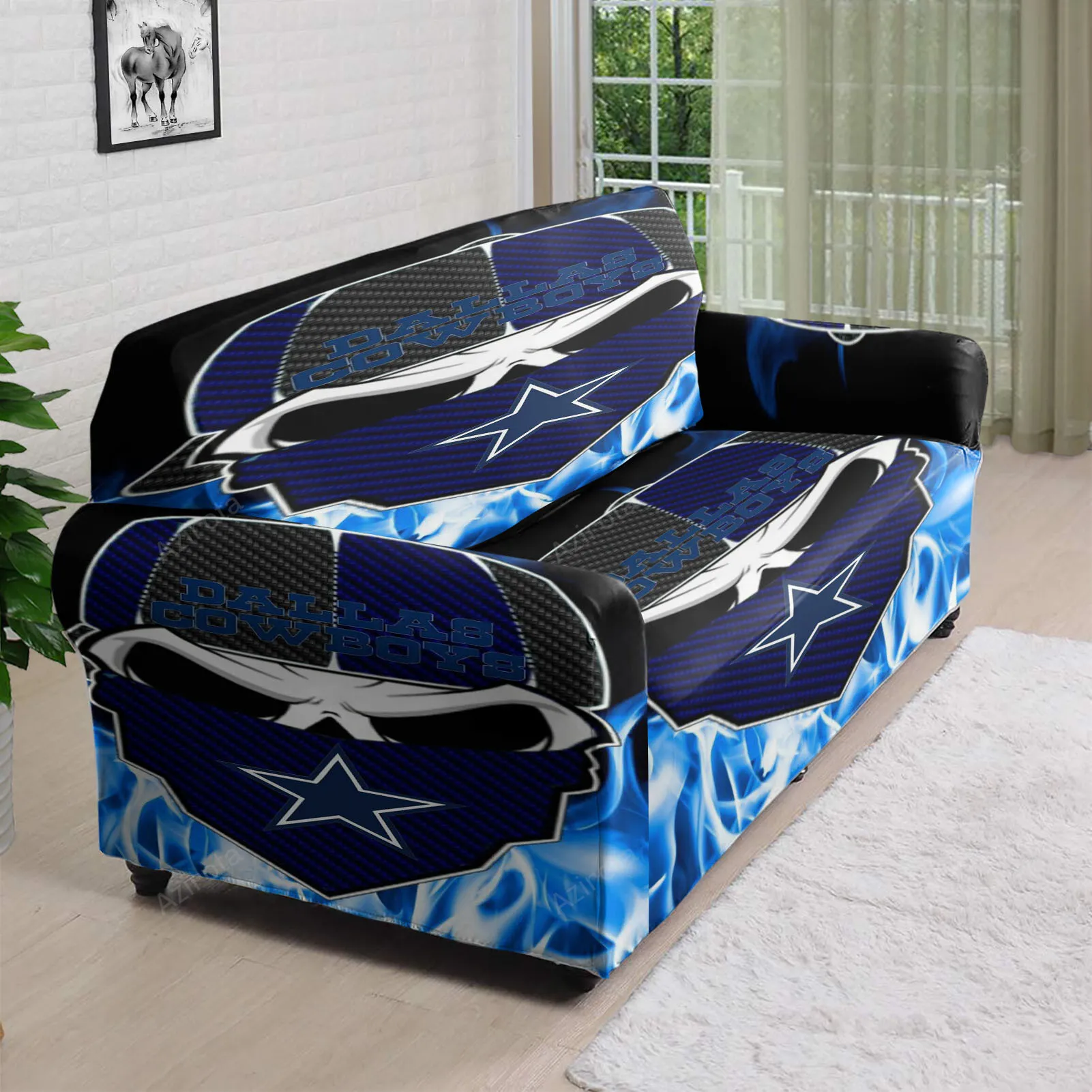 Dallas Cowboys Skull Wearing Mask Fire 3D Sofa Cover