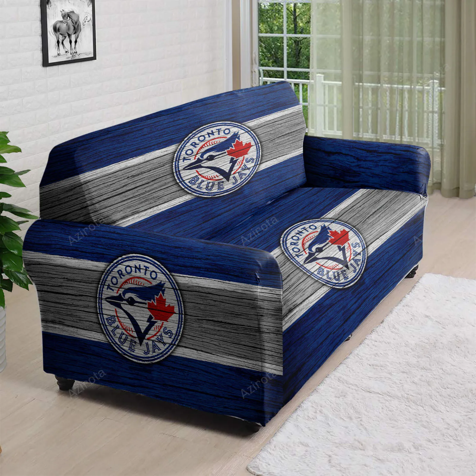 Toronto Blue Jays Russell Bird White Navy Wood 3D Sofa Cover