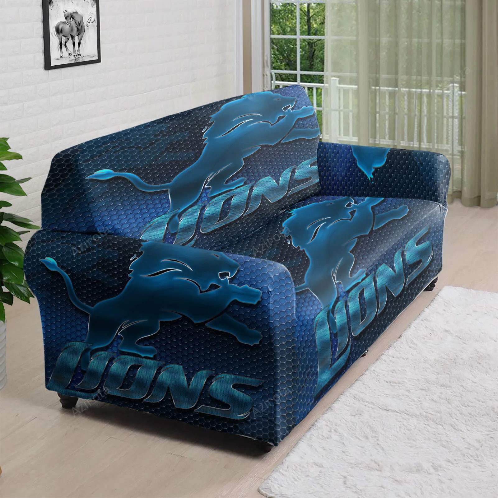 Detroit Lions Emblem Metal v2 3D Sofa Cover