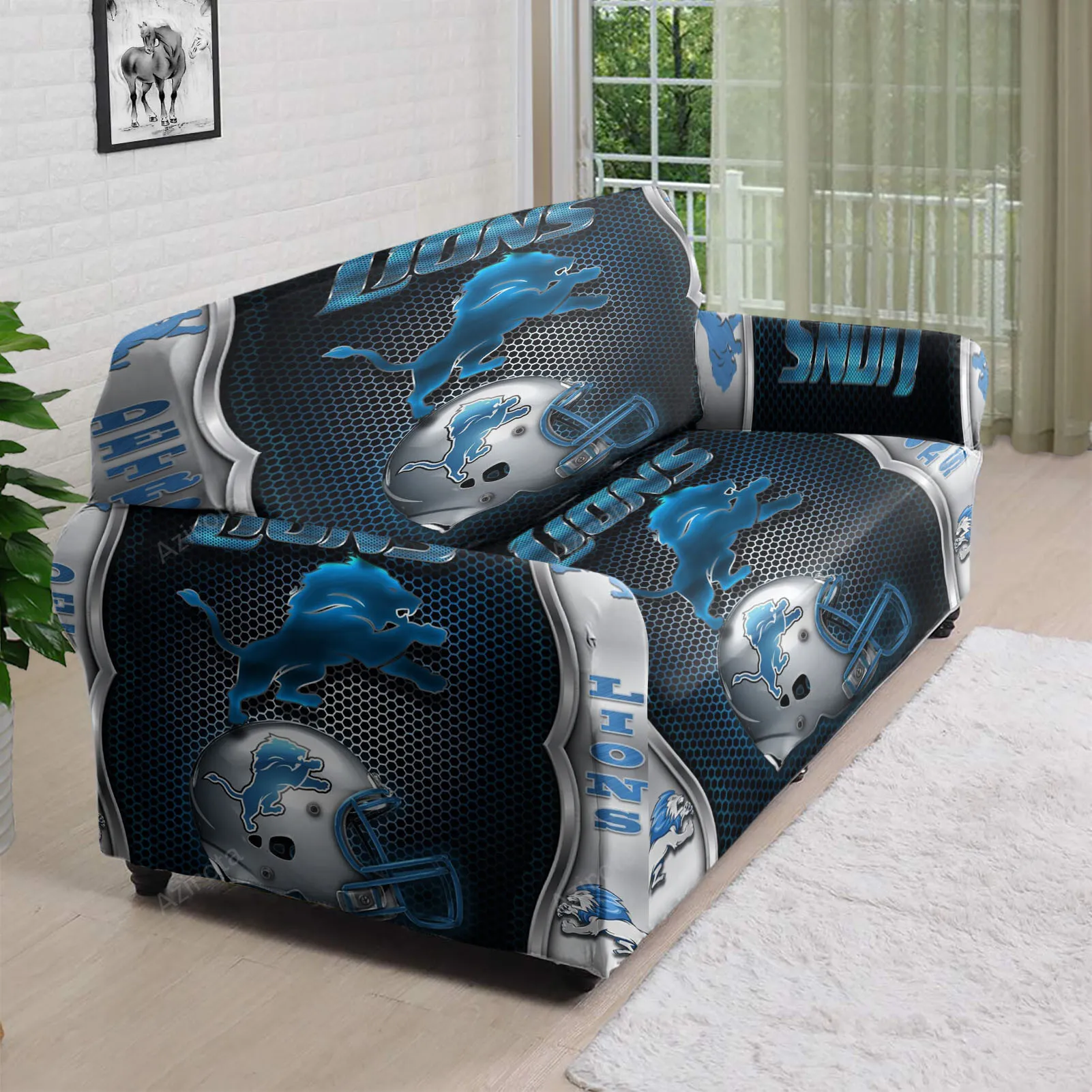 Detroit Lions Emblem Helmet 3D Sofa Cover