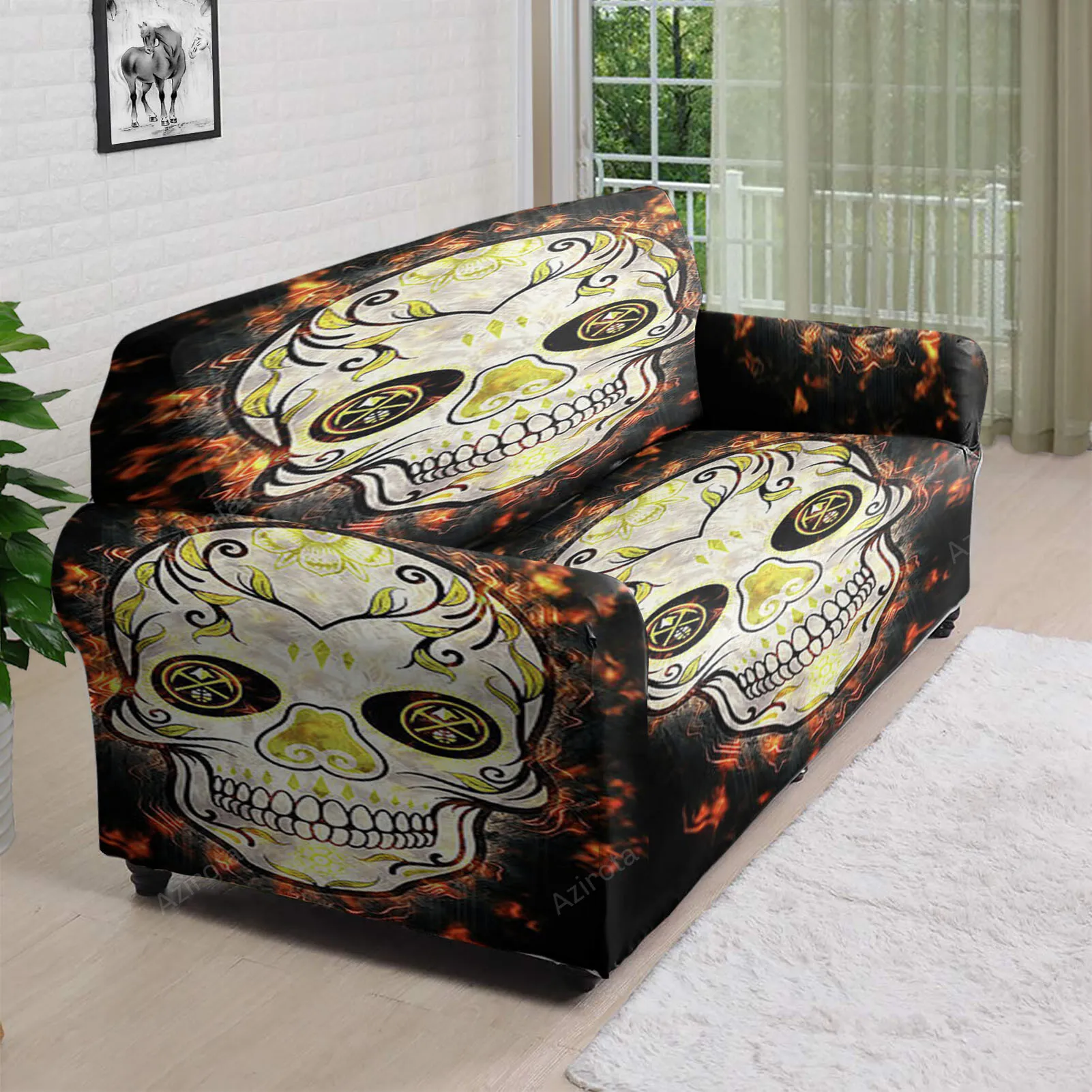 Denver Nuggets Skull Fire 3D Sofa Cover