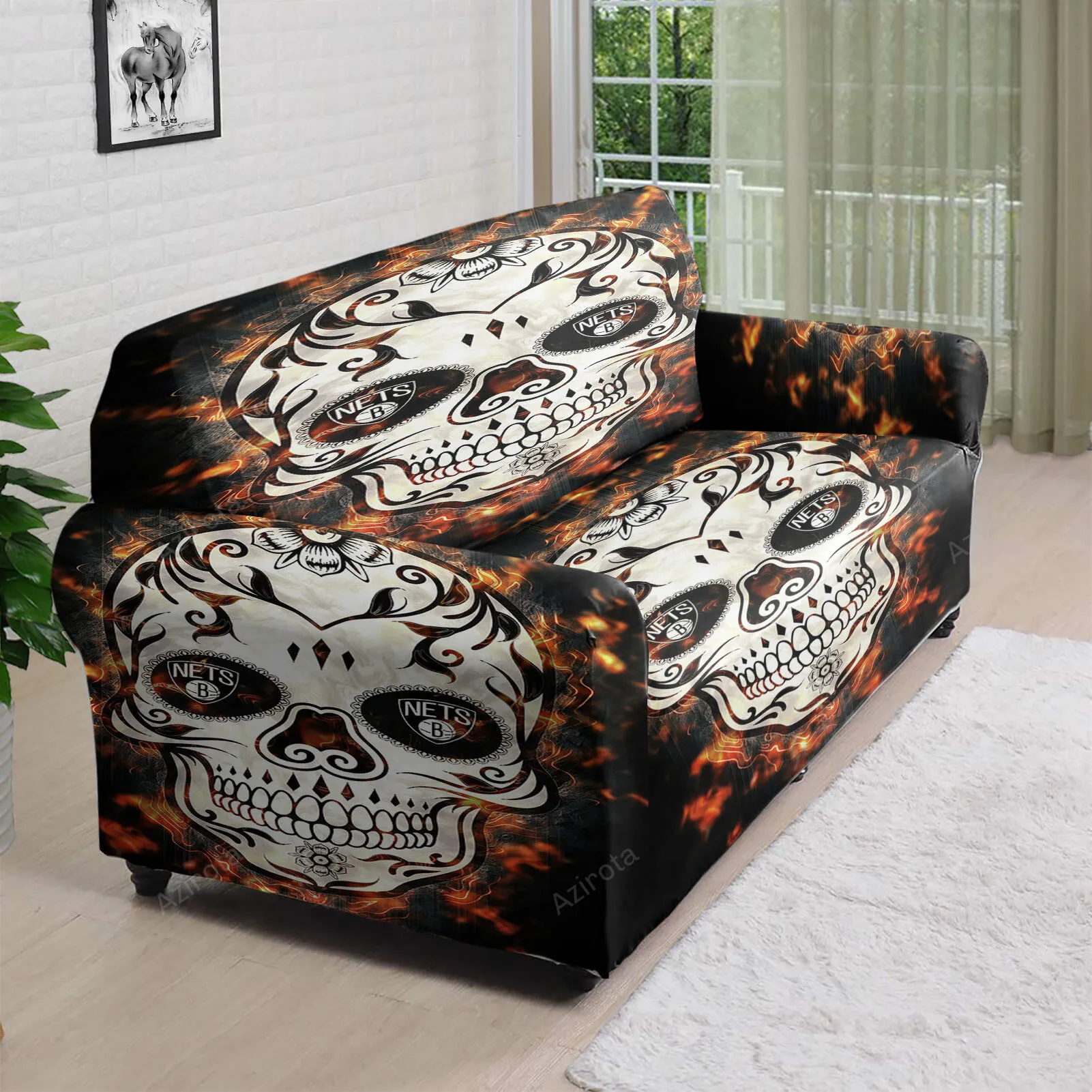 Brooklyn Nets Skull Fire 3D Sofa Cover