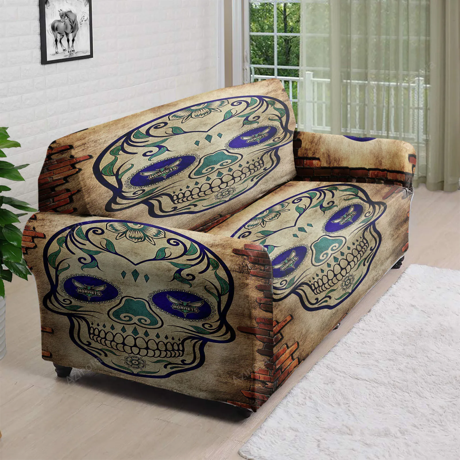 Charlotte Hornets Skull Brick Wall 3D Sofa Cover