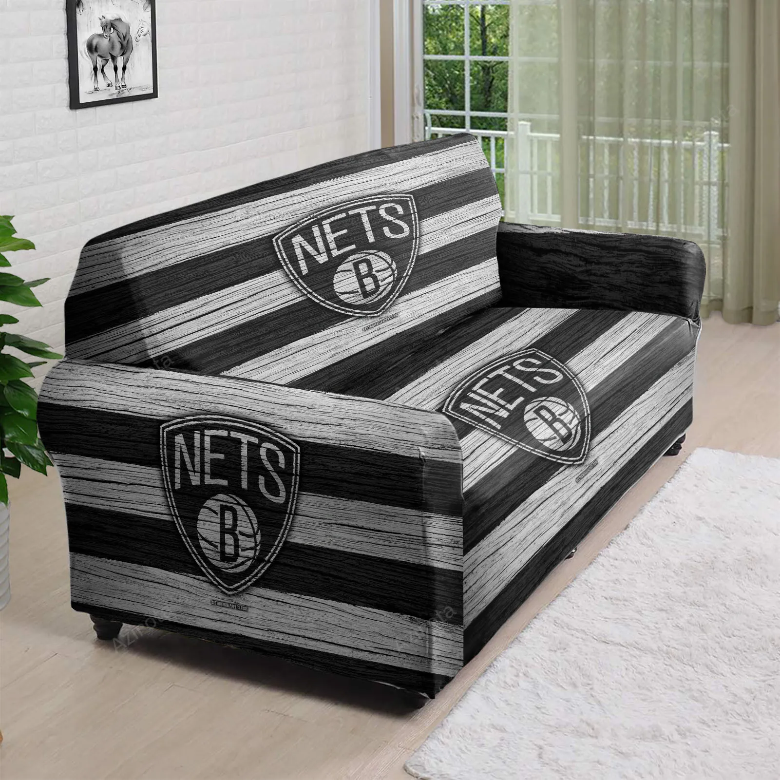 Brooklyn Nets Ball Black White Stripped 3D Sofa Cover