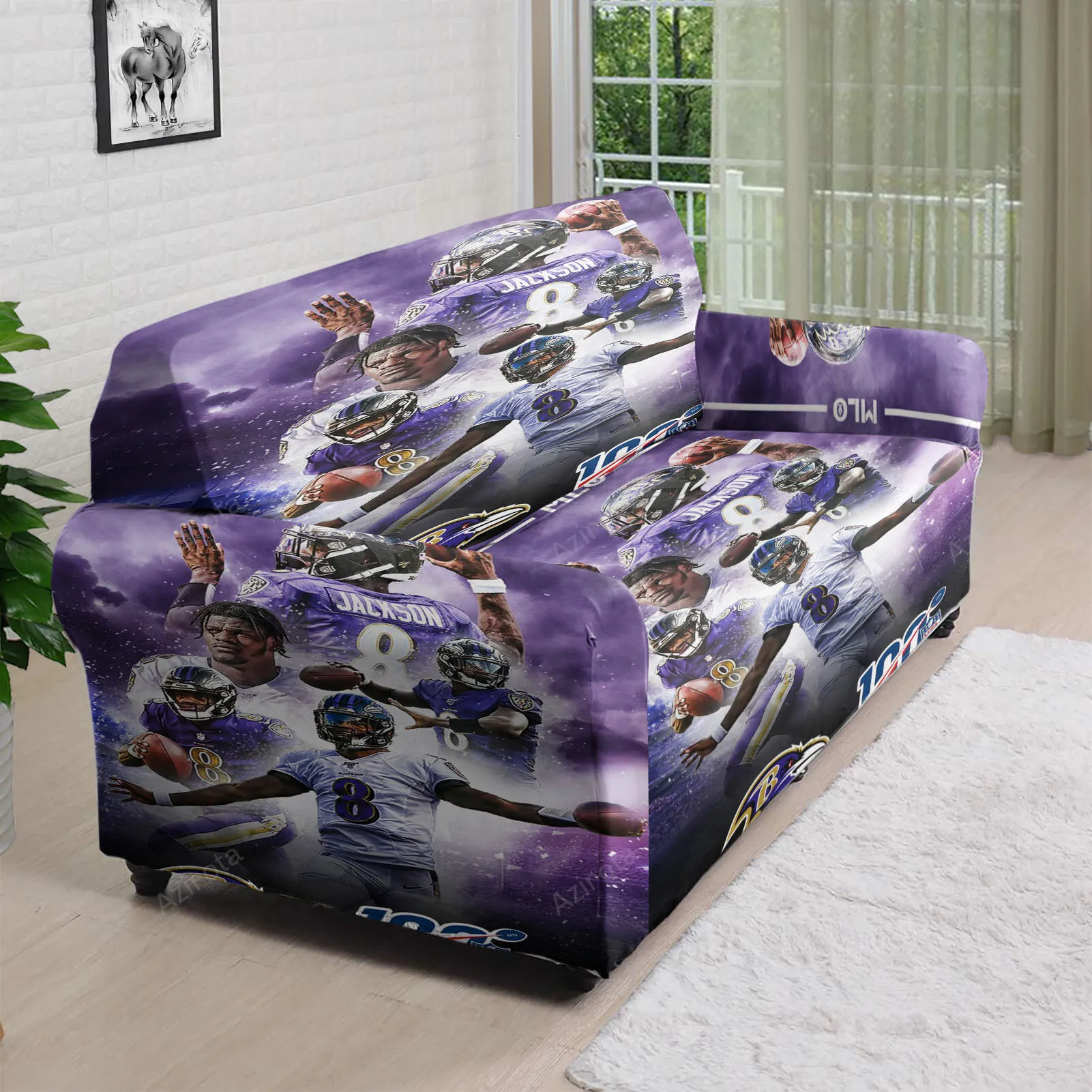 Baltimore Ravens Lamar Jackson 8 v14 3D Sofa Cover