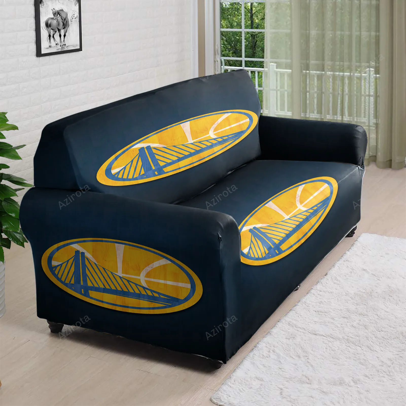 Golden State Warriors Emblem Ball Wood 3D Sofa Cover