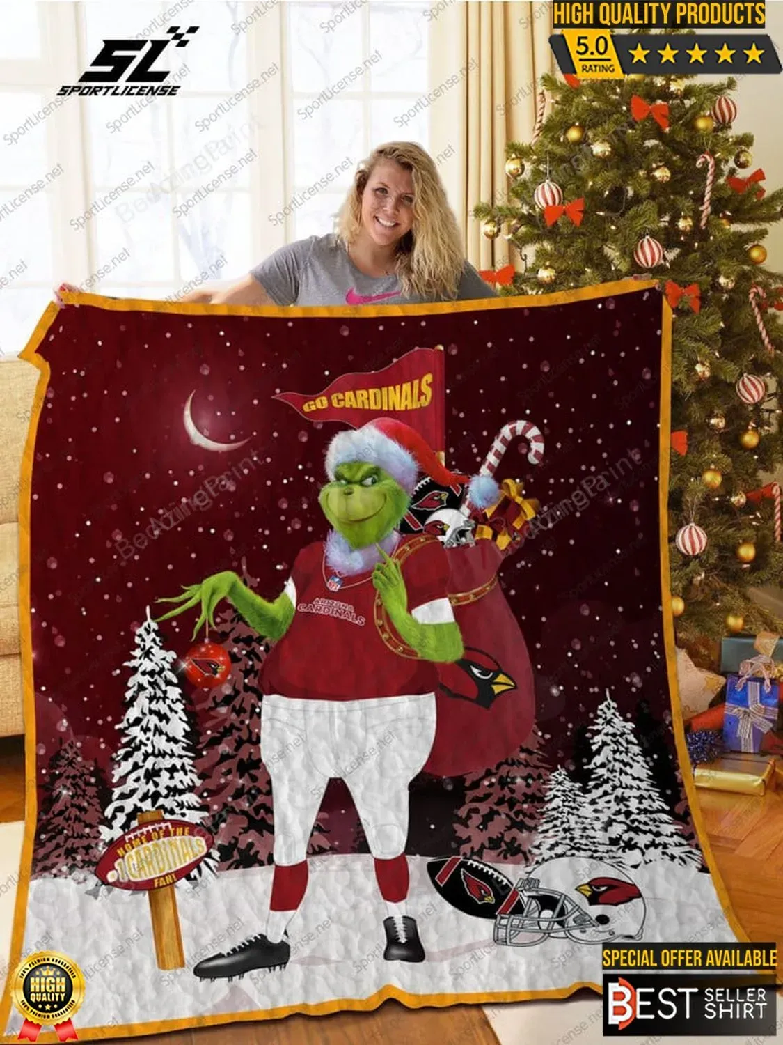 Cardinals Football Grinch Christmas 3D Full Printing Quilt Smiling Grinch