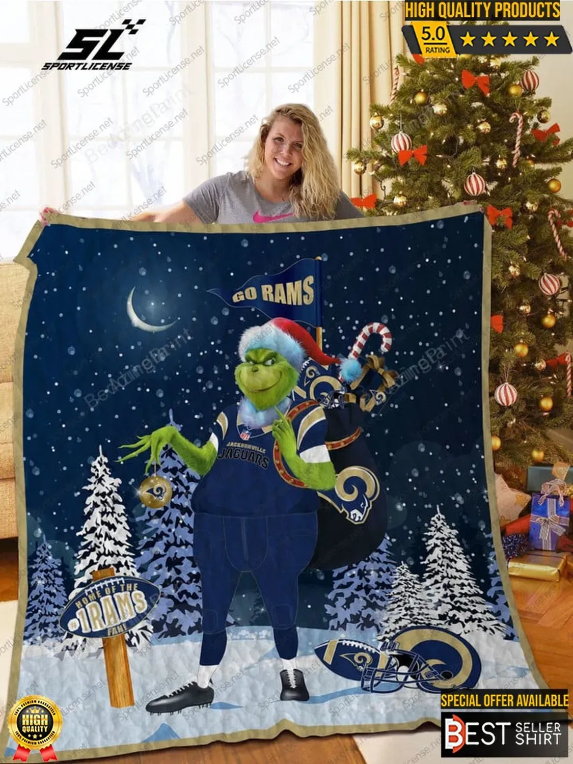 Rams Football Grinch Christmas 3D Full Printing Quilt Smiling Grinch