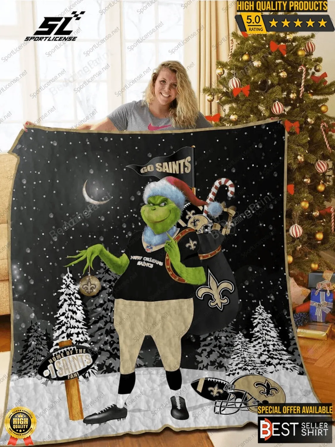 Saints Football Grinch Christmas 3D Full Printing Quilt Smiling Grinch