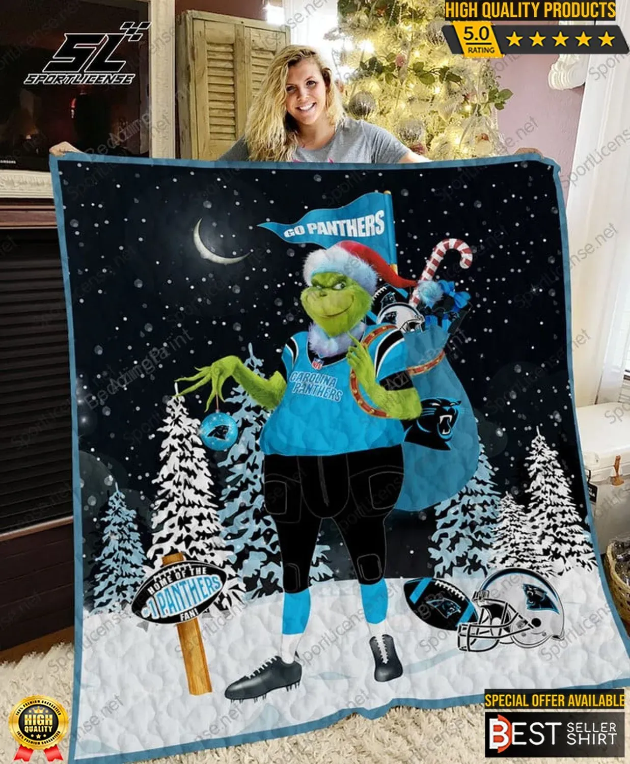 Panthers Football Grinch Christmas 3D Full Printing Quilt Smiling Grinch