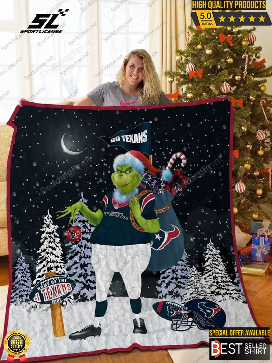 Texans Football Grinch Christmas 3D Full Printing Quilt Smiling Grinch