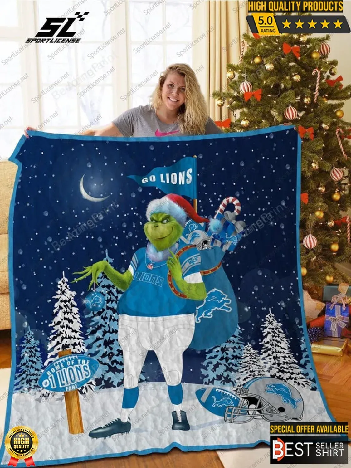 Lions Football Grinch Christmas 3D Full Printing Quilt Smiling Grinch