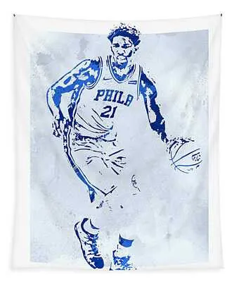 Joel Embiid Philadelphia 76Ers Watercolor Strokes Pixel Art 4 Joe Hamilton Tapestry