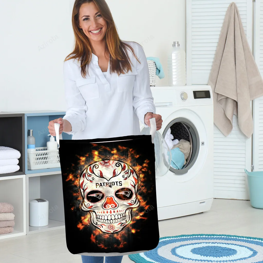 New England Patriots Skull Flowers Fire Gift For Fan 3D Foldable Laundry Basket