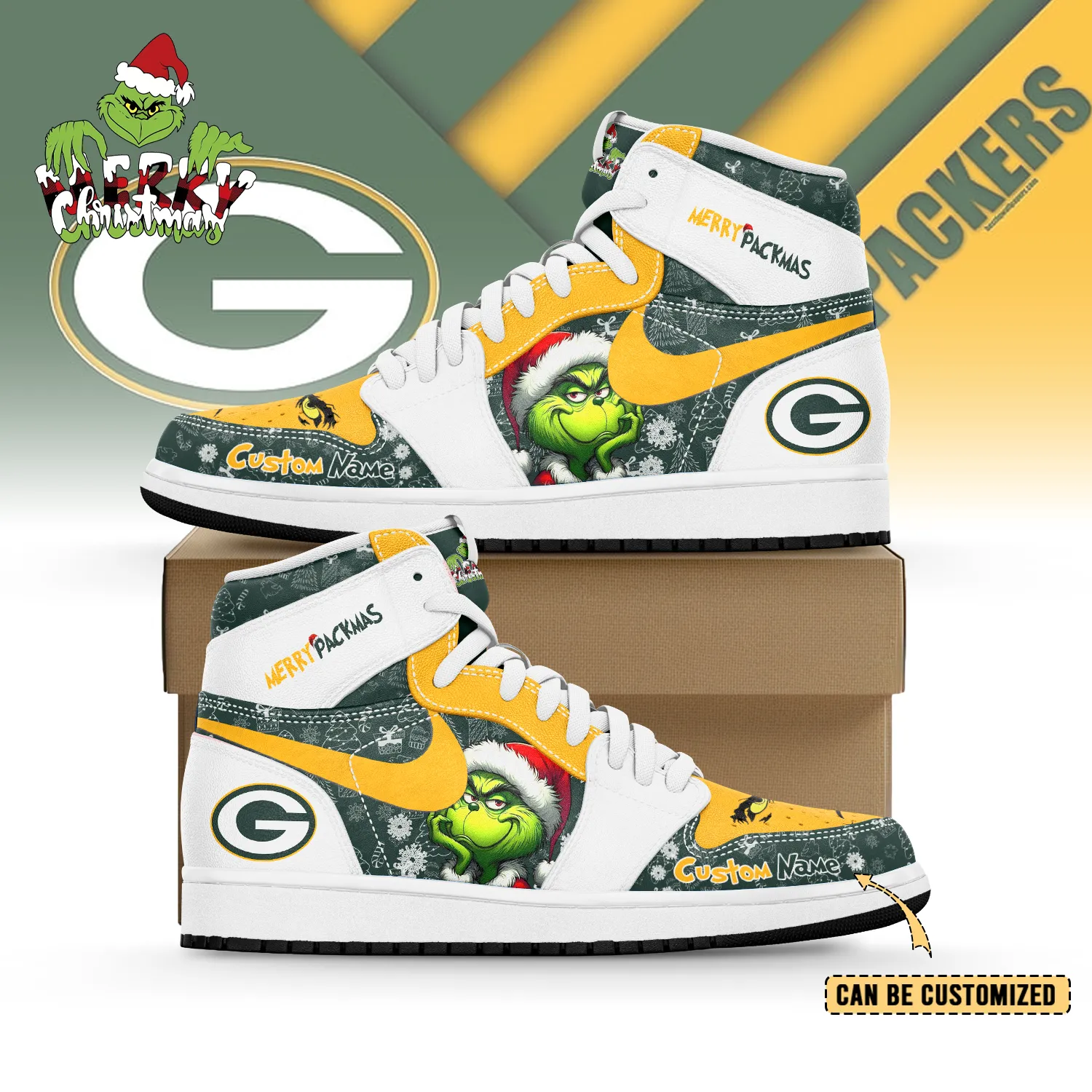 NFL Green Bay Packers x The Grinch x Christmas Air Jordan 1 AJ1 High Sneakers Shoes For Men And Women 356MV-5626