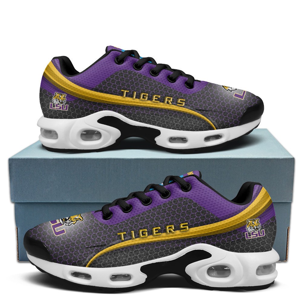 Lsu Personalized Name Team Colors Wave Line Beehive Pattern Shoes Air Cushion Sneakers Image