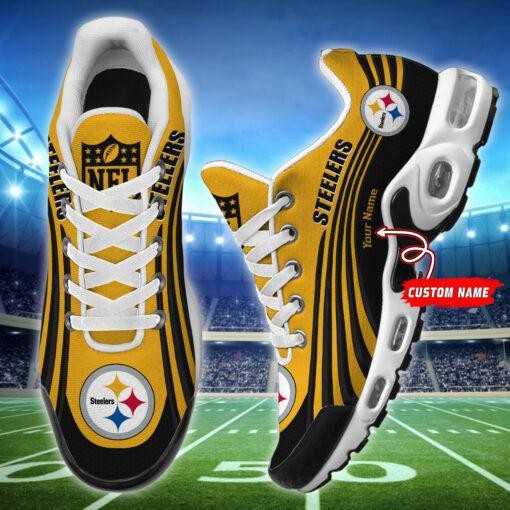 Pittsburgh Steelers Personalized Name Team Colors Wave Lines Shoes Air Cushion Sneakers Image