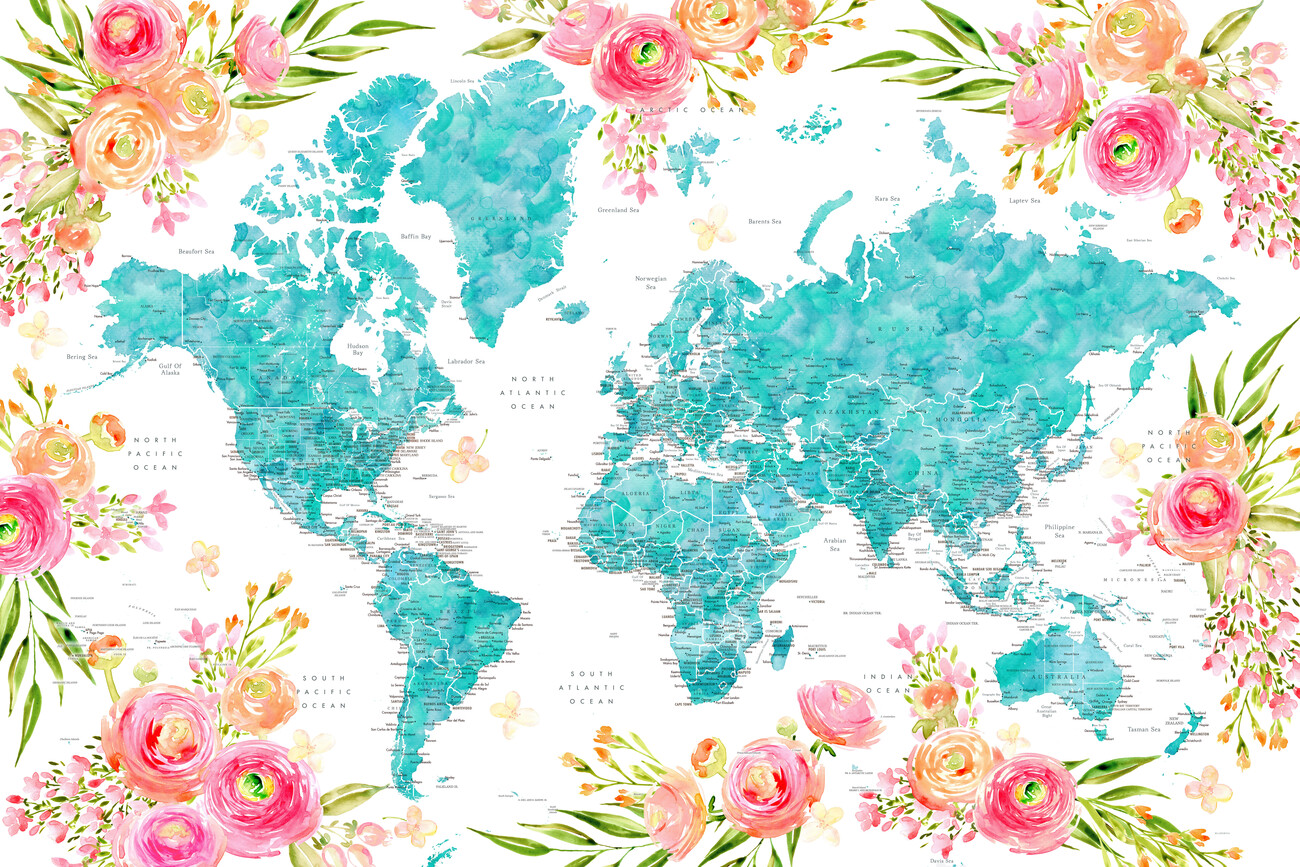 Kart over Floral bohemian world map with cities Halen ǀ Bykart og verdenskart plakater på vegg