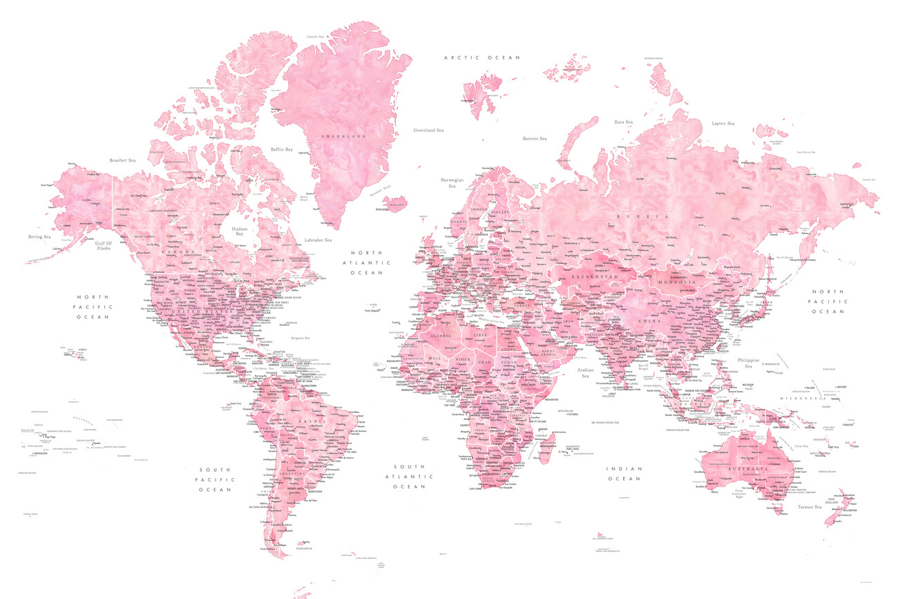 Mapa De Detailed Pink Watercolor World Map Damla ǀ Mapas De Ciudades Y Mapas Mundiales Para Tu 7564