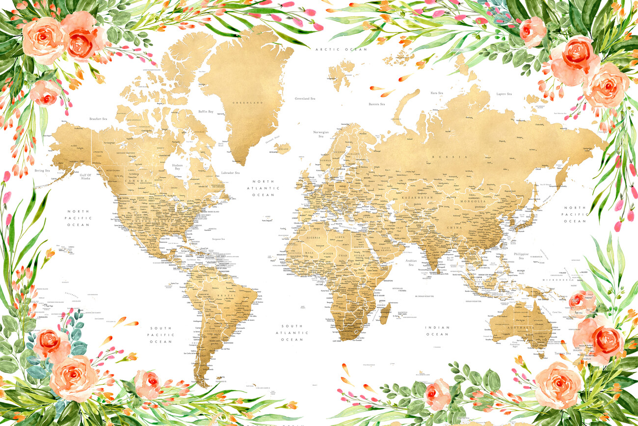 Kaart Floral bohemian world map with cities, Blythe