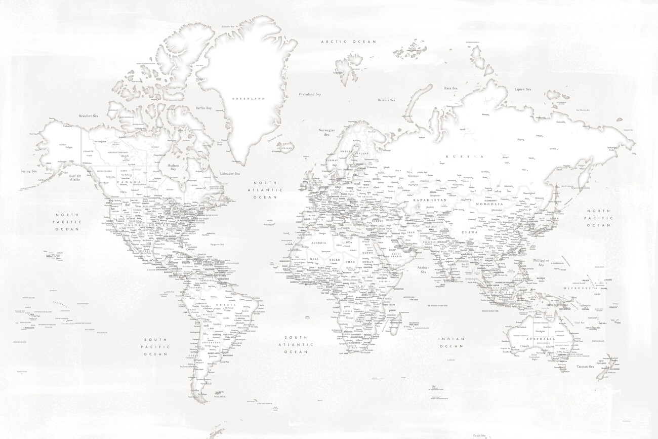 Obraz na plátně Almost white detailed world map