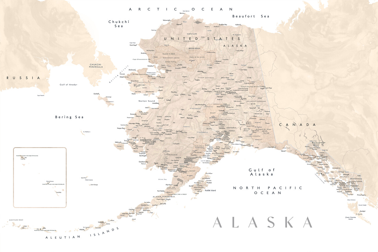 Kartta Detailed map of Alaska in neutral watercolor ǀ Kaikki kaupunkikartat  ja maailmankartat seinälle
