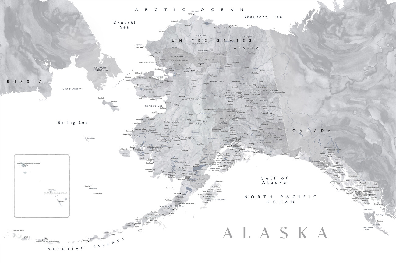Kartta Detailed map of Alaska in grayscale watercolor ǀ Kaikki  kaupunkikartat ja maailmankartat seinälle