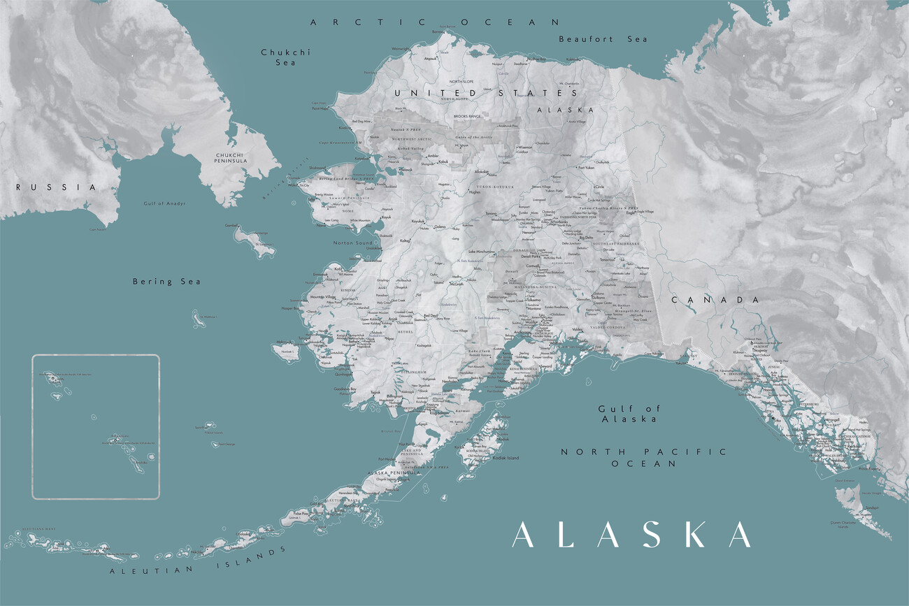 Kartta Detailed map of Alaska en teal and grey watercolor ǀ Kaikki  kaupunkikartat ja maailmankartat seinälle
