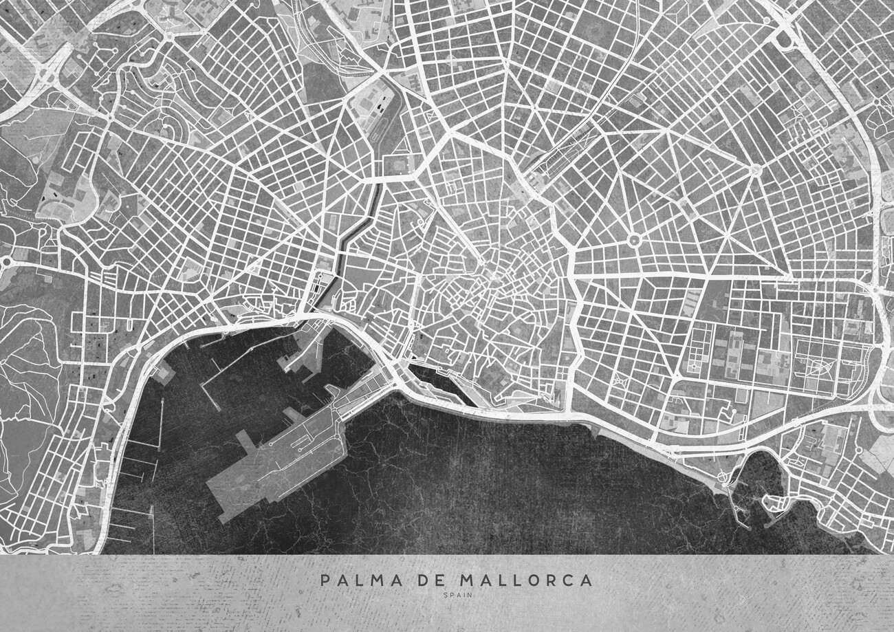 Kartta Gray vintage map of Palma de Mallorca ǀ Kaikki kaupunkikartat ja  maailmankartat seinälle