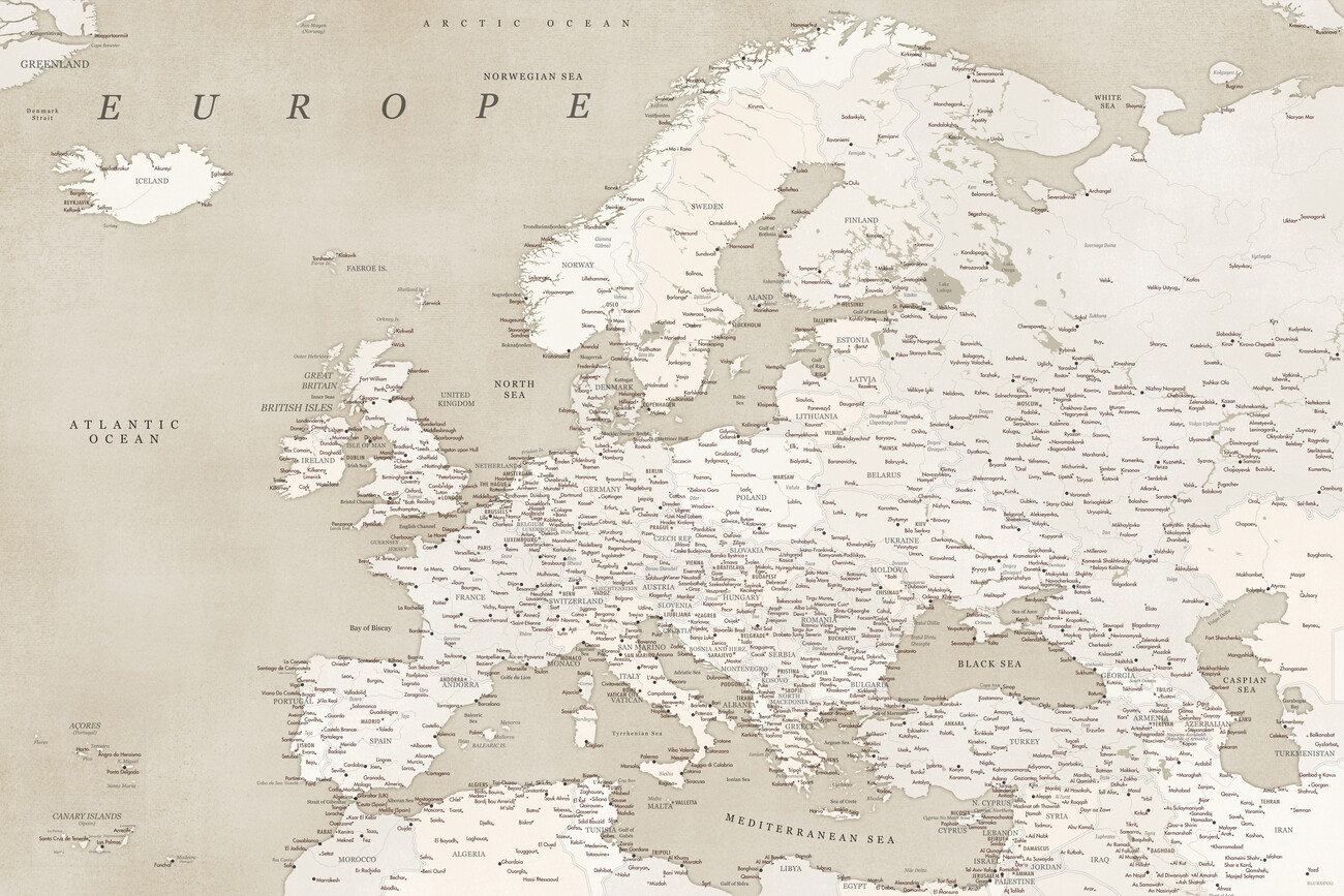 Kartta Sepia vintage detailed map of Europe ǀ Kaikki kaupunkikartat ja  maailmankartat seinälle