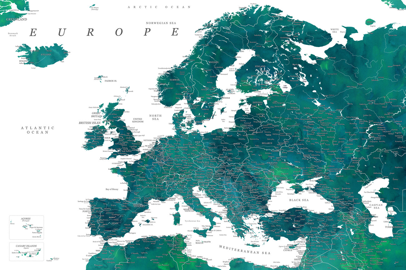 Kartta Teal detailed map of Europe in watercolor ǀ Kaikki kaupunkikartat ja  maailmankartat seinälle