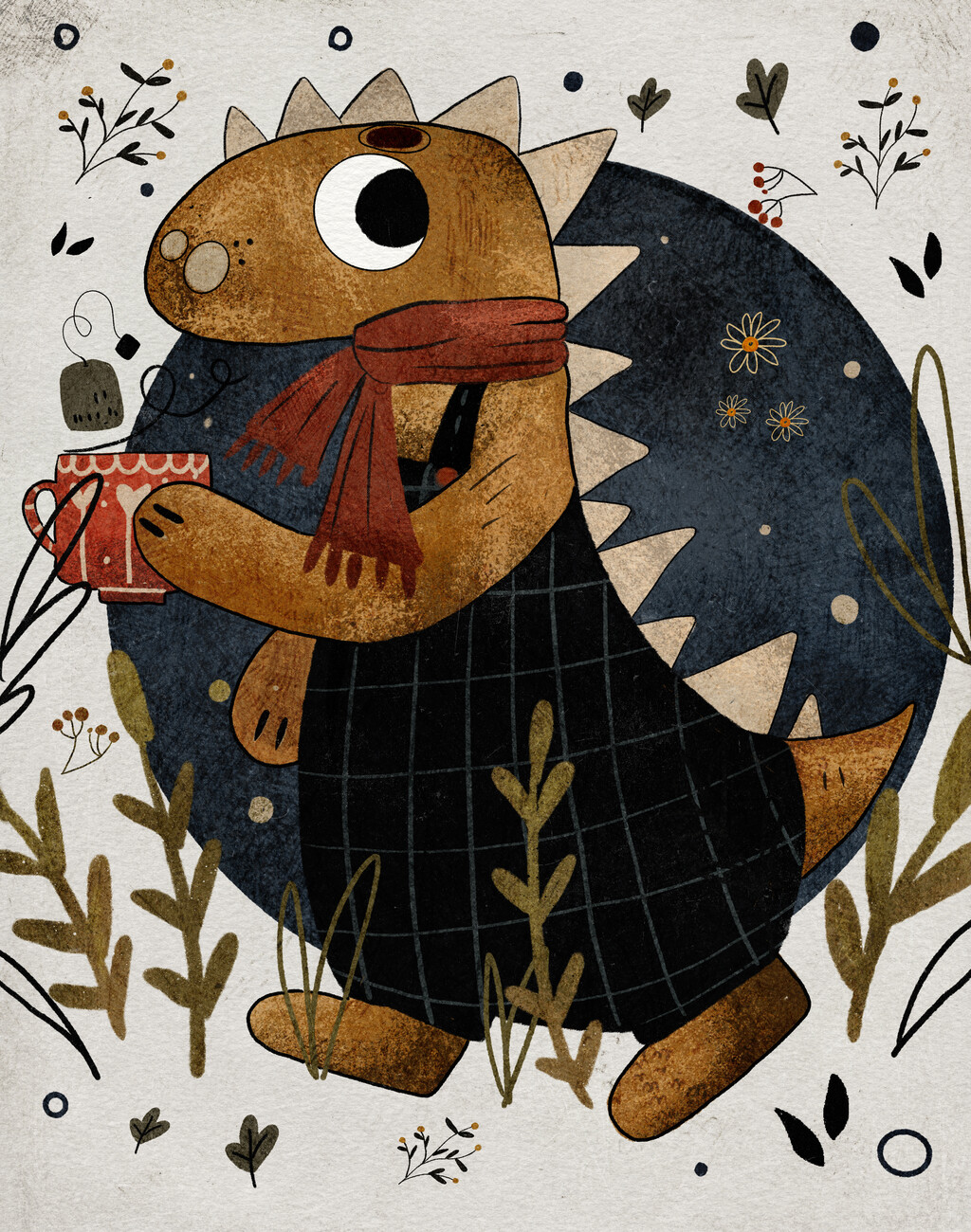 Illustration Dino with a Tea