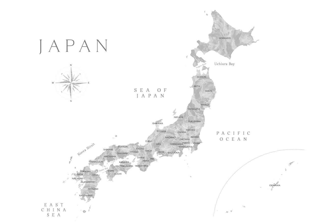 Kartta Map of Japan in gray watercolor ǀ Kaikki kaupunkikartat ja  maailmankartat seinälle